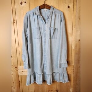 Wonderly Light Denim Wash Long Sleeve Button-Up Front Ruffle Hem Shirtdress NWOT